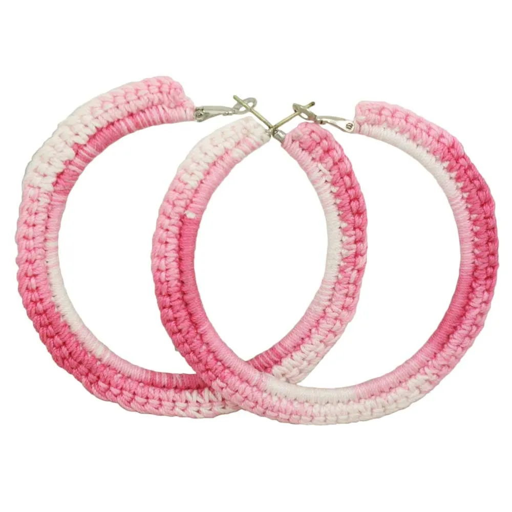 Large Pink and White Crochet Hoop Pierced Earring - STXE04
