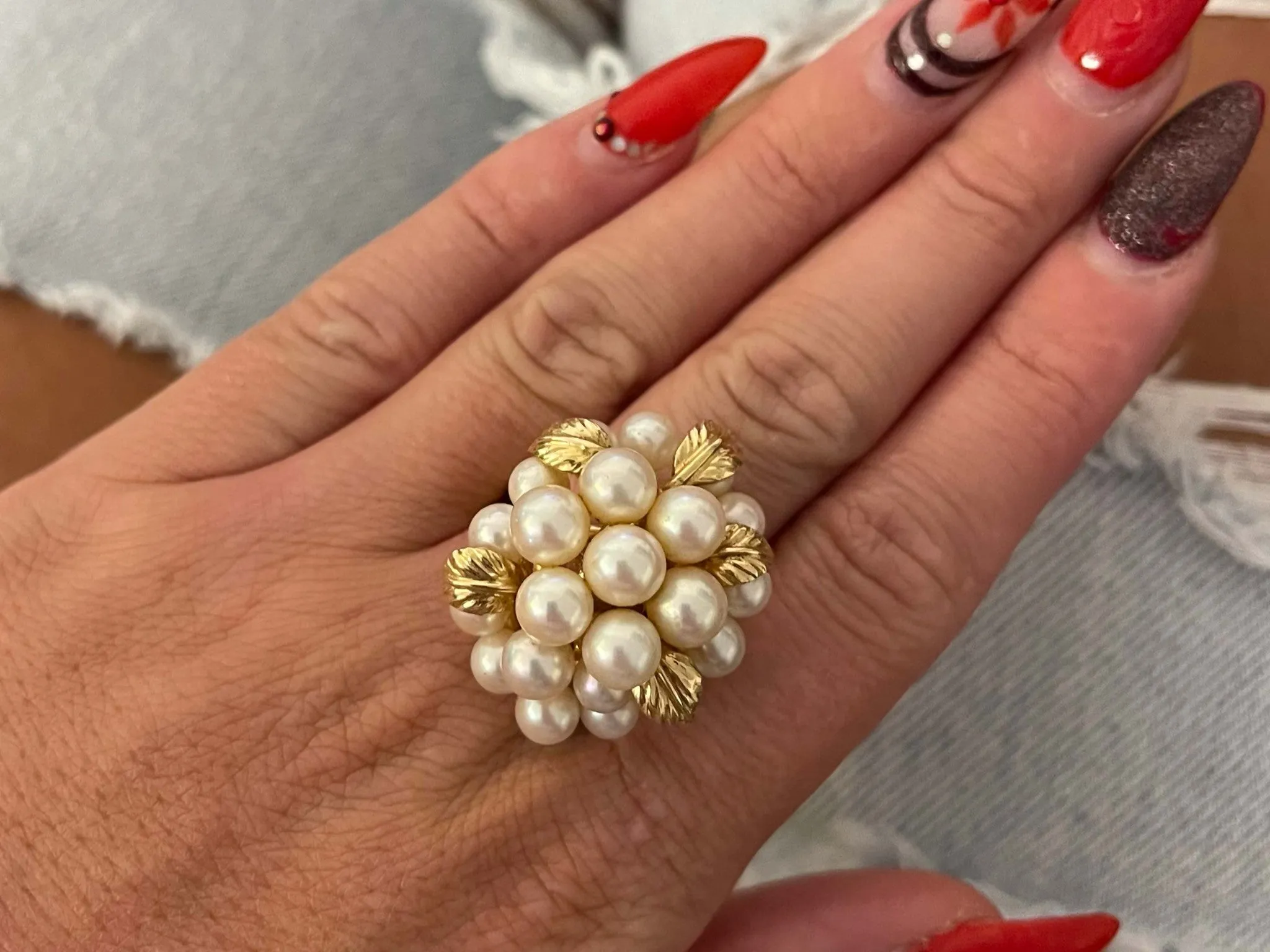 Large Vintage Pearl Cluster Ring in 14k Yellow Gold