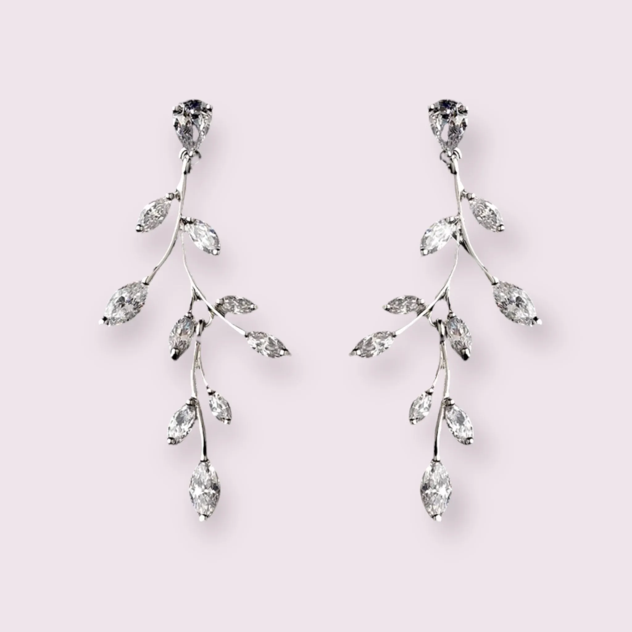 Leaf Vines Drop Bridal Earrings, Cubic Zirconia Wedding Earrings