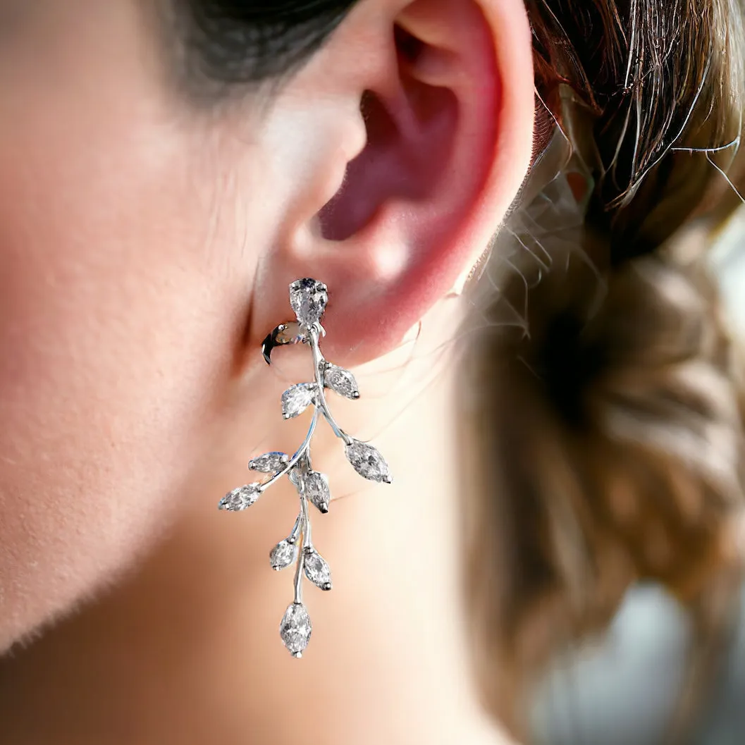 Leaf Vines Drop Bridal Earrings, Cubic Zirconia Wedding Earrings