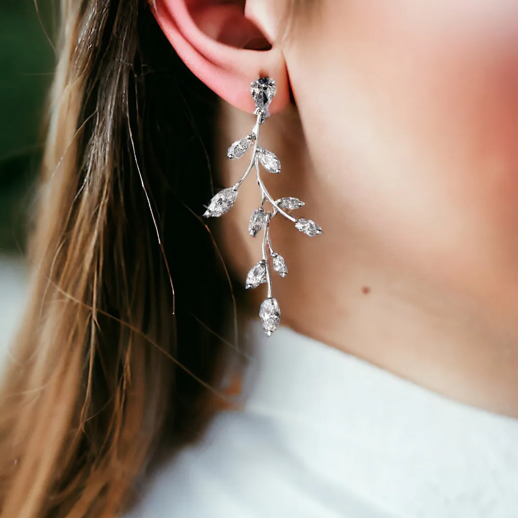 Leaf Vines Drop Bridal Earrings, Cubic Zirconia Wedding Earrings