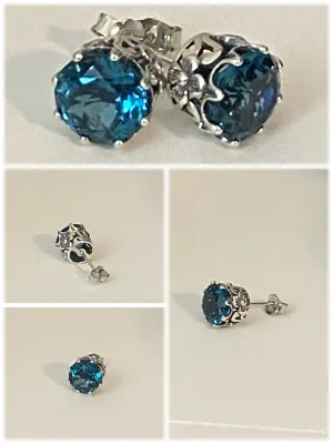 London Blue Topaz Earrings, Round Daisy Stud Earrings, Sterling Silver Vintage Filigree Jewelry, E66