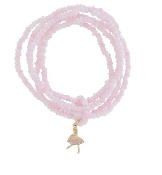Lt Pink Beaded Bracelet Set w/Ballerina Charm