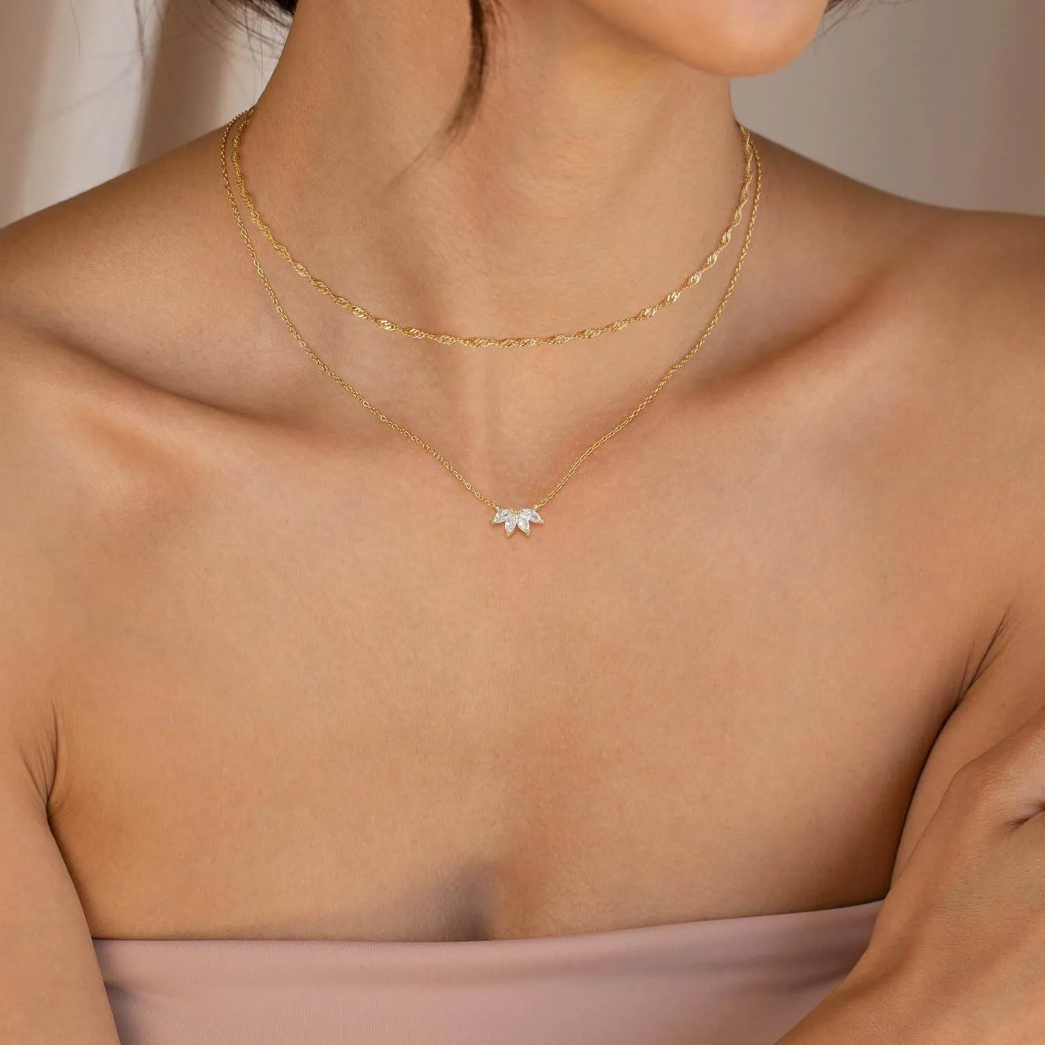 Luxe Gold-Plated Zircon Petal Double-Layer Necklace