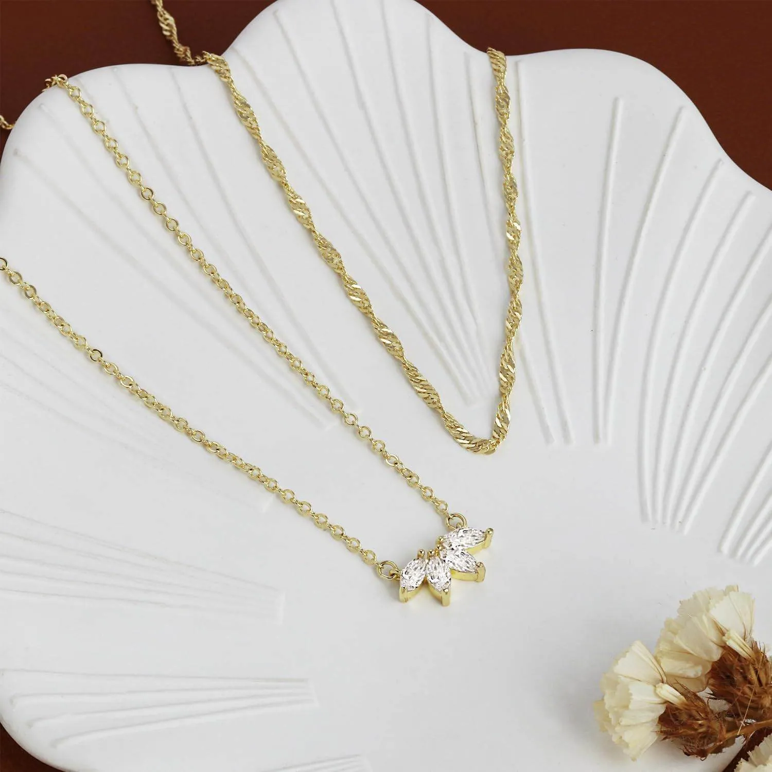 Luxe Gold-Plated Zircon Petal Double-Layer Necklace
