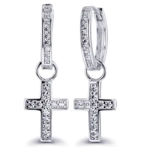 Luxe Layers Rhodium Plated Sterling Silver Round Cubic Zirconia 9X30MM Cross Hoop Drop & Dangle Earrings