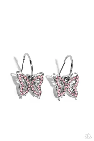 Lyrical Layers - Pink - Rhinestone Butterfly Paparazzi Drop Hoop Earrings