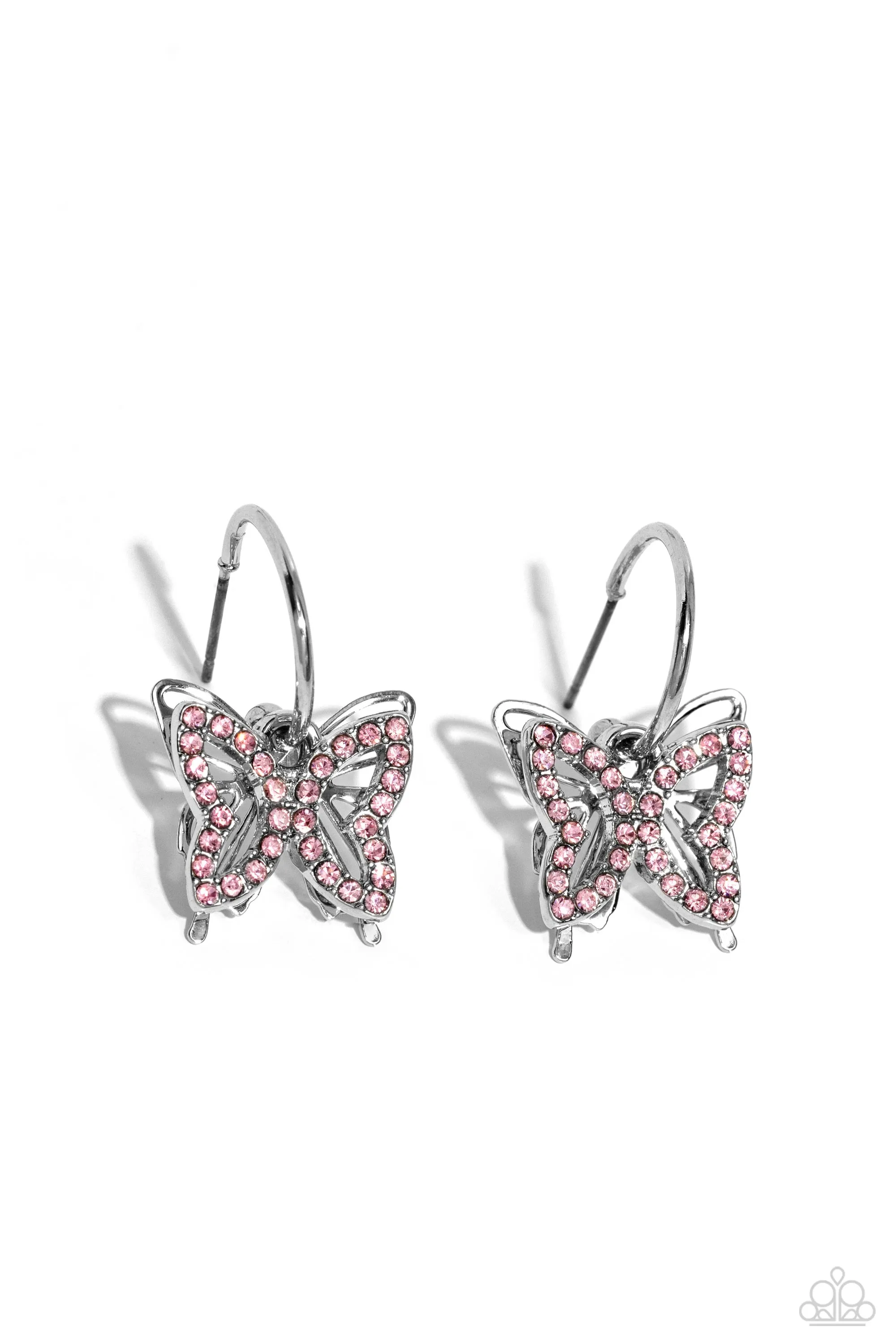 Lyrical Layers - Pink - Rhinestone Butterfly Paparazzi Drop Hoop Earrings