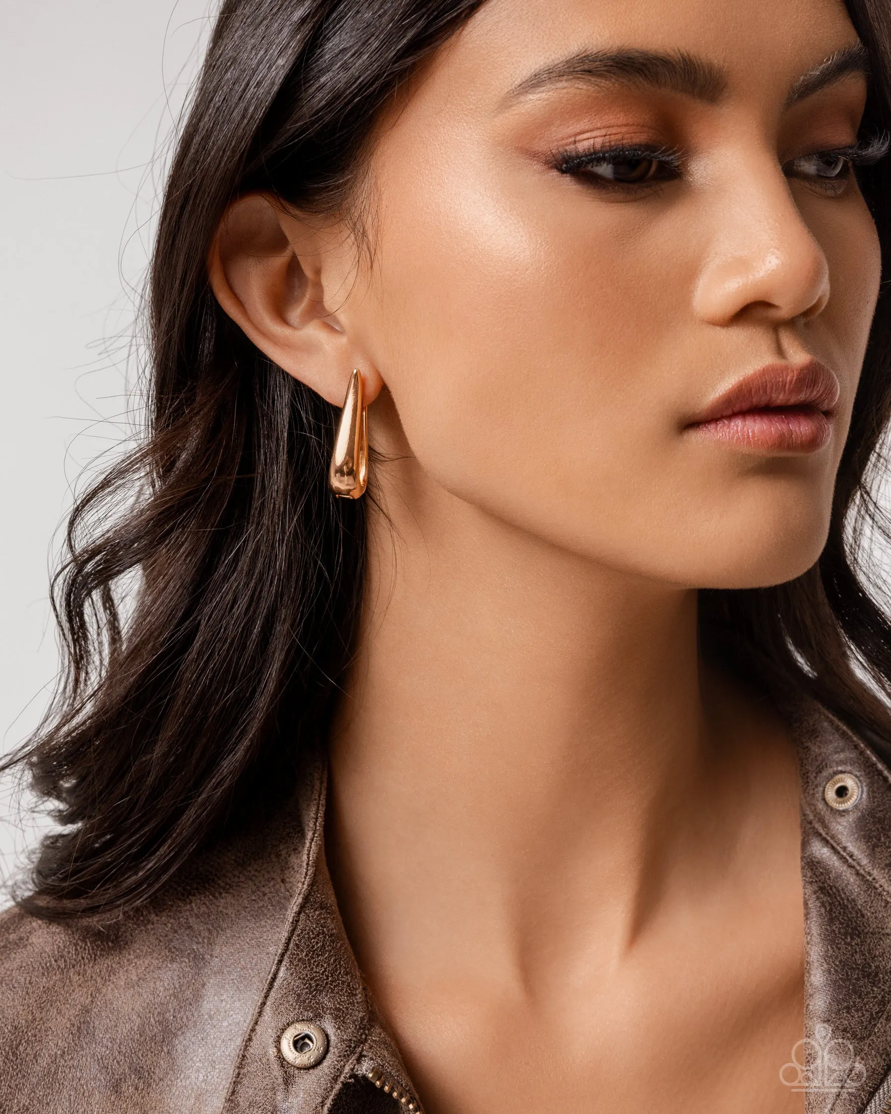 Malibu On My Mind - Gold - Harp-Shaped Paparazzi Hinge Hoop Earrings - October 2024 Possible Pop-Up Shop Exclusive