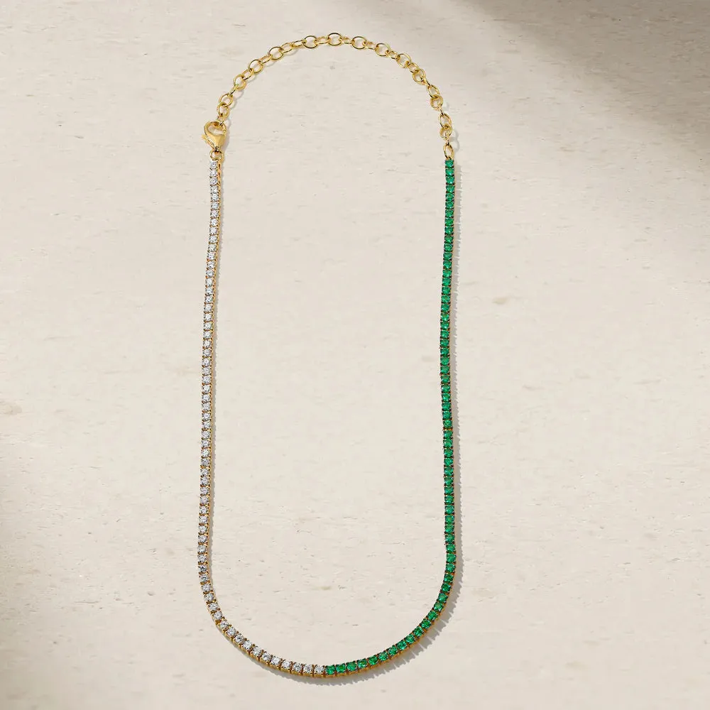 Mark Henry 18k Yellow Gold Half Emerald and Half Diamond Tennis Necklace