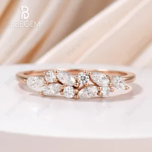 Marquise Round Moissanite Bridal Wedding Band Jewelry Gift for Her Cluster Moissanite Rose Gold Band