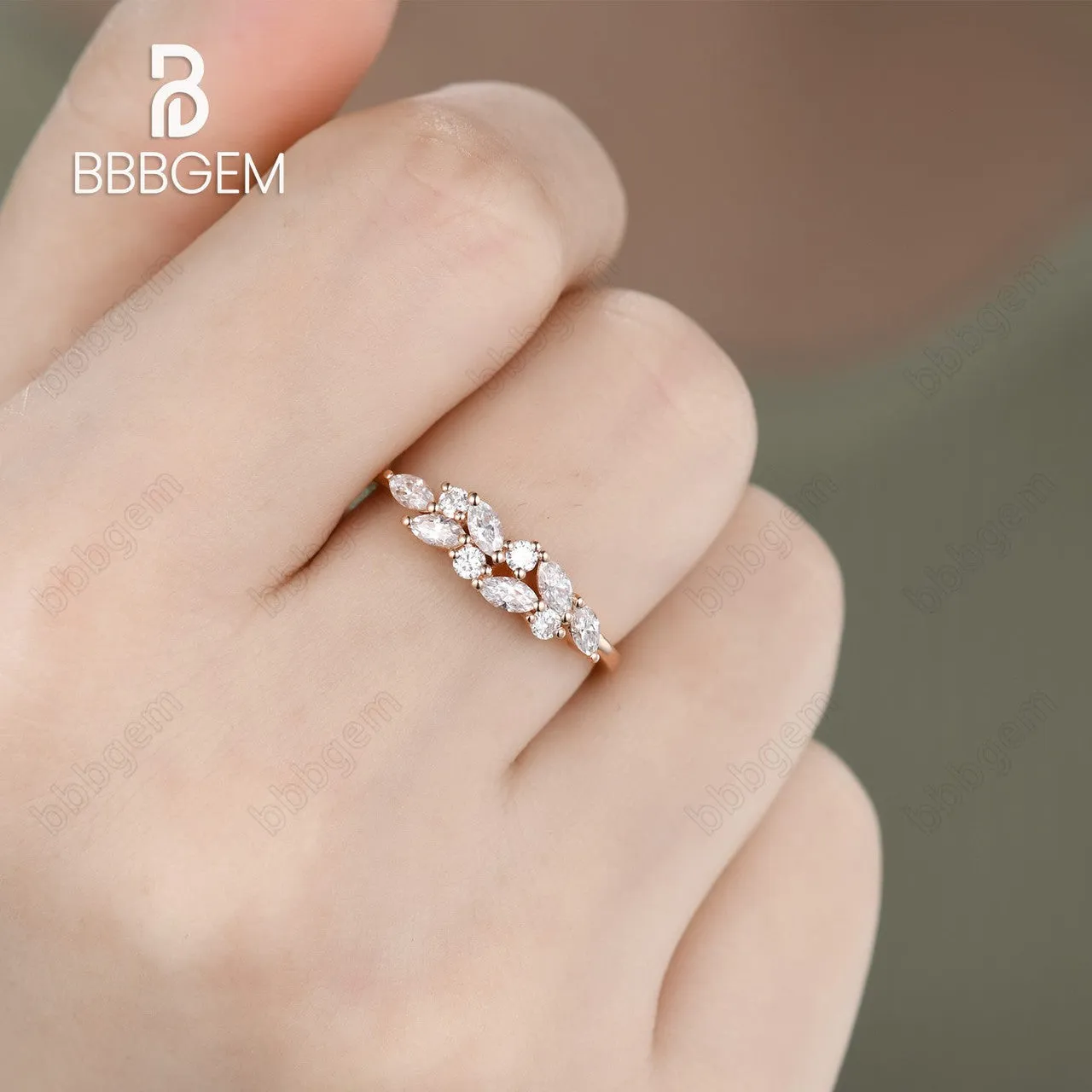 Marquise Round Moissanite Bridal Wedding Band Jewelry Gift for Her Cluster Moissanite Rose Gold Band