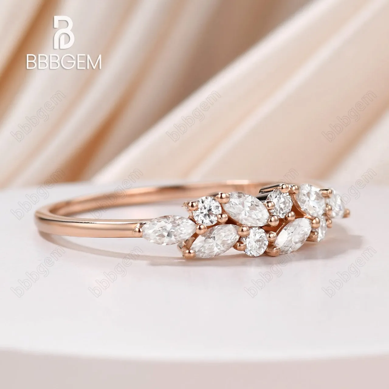 Marquise Round Moissanite Bridal Wedding Band Jewelry Gift for Her Cluster Moissanite Rose Gold Band