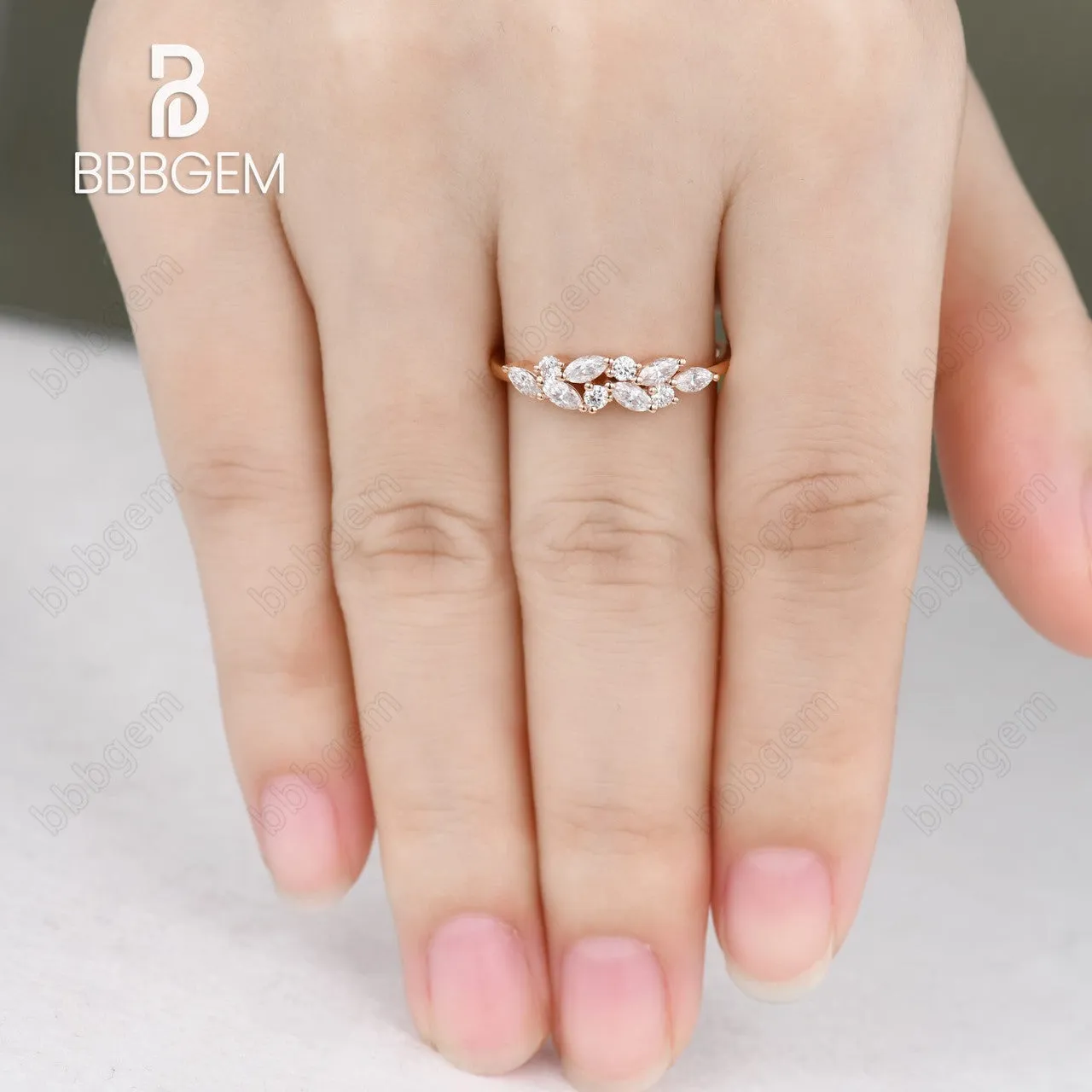 Marquise Round Moissanite Bridal Wedding Band Jewelry Gift for Her Cluster Moissanite Rose Gold Band