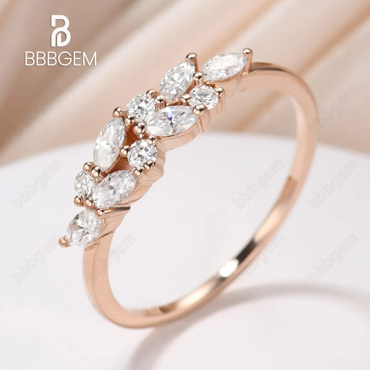 Marquise Round Moissanite Bridal Wedding Band Jewelry Gift for Her Cluster Moissanite Rose Gold Band
