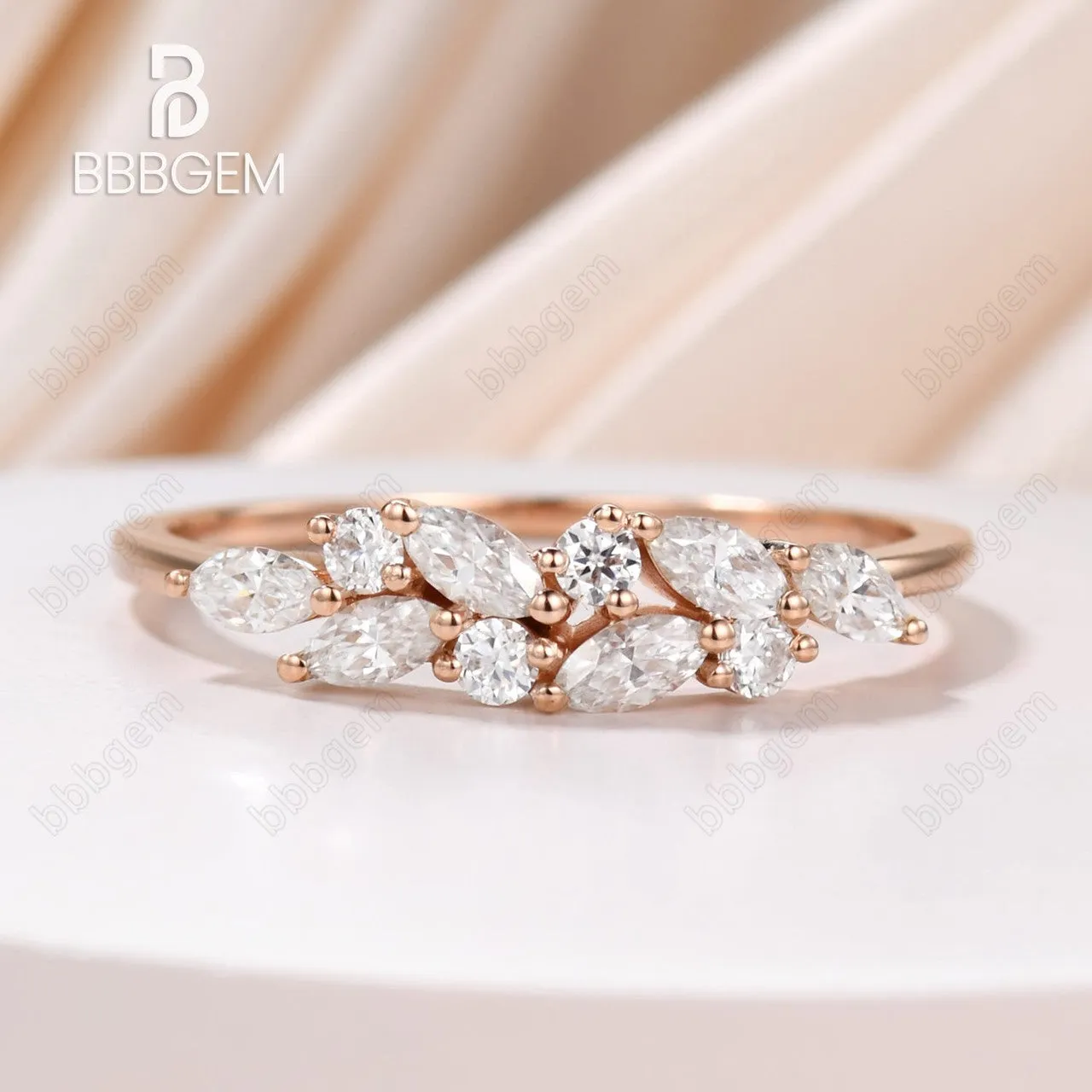 Marquise Round Moissanite Bridal Wedding Band Jewelry Gift for Her Cluster Moissanite Rose Gold Band