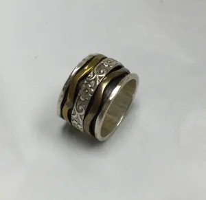 Meditation Ring, Size 7, Trimetal Rings with Silver Floral Centre