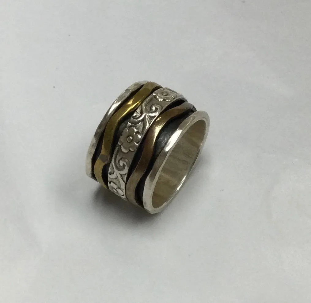 Meditation Ring, Size 7, Trimetal Rings with Silver Floral Centre