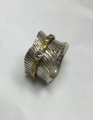 Meditation Ring, Size 8, Silver with Thin Gold Band and Stone