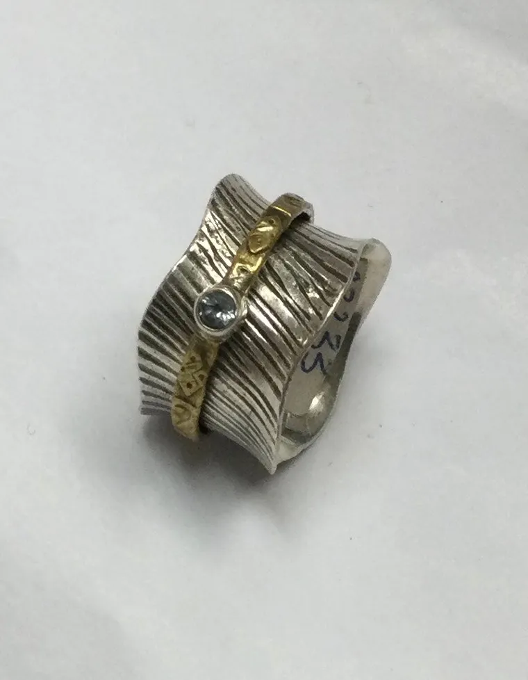 Meditation Ring, Size 8, Silver with Thin Gold Band and Stone