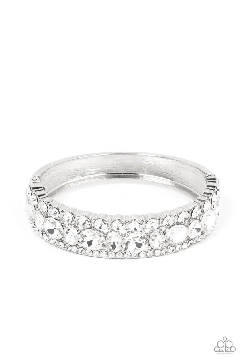 Mega Megawatt - White - Rhinestone Blingy Paparazzi Hinge Bracelet - February 2022 Life of the Party Exclusive