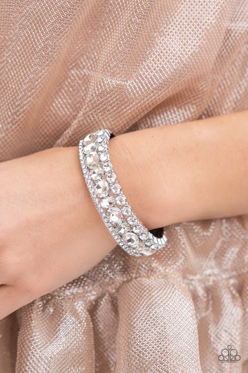 Mega Megawatt - White - Rhinestone Blingy Paparazzi Hinge Bracelet - February 2022 Life of the Party Exclusive