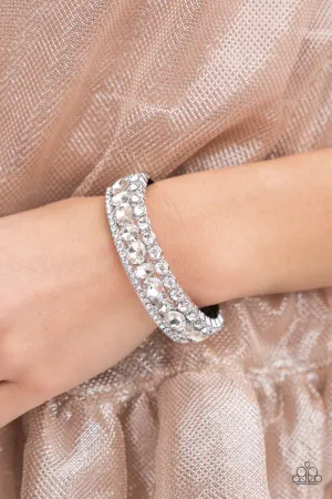 Mega Megawatt - White - Rhinestone Blingy Paparazzi Hinge Bracelet - February 2022 Life of the Party Exclusive