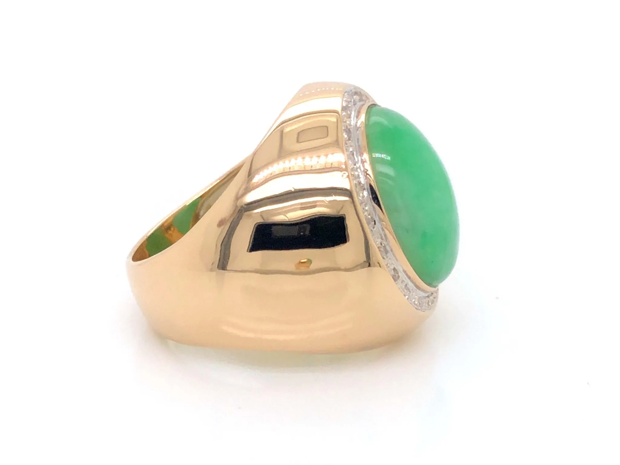 Men's Oval Light Green Jade and Diamond Halo Ring - 14k Yellow Gold