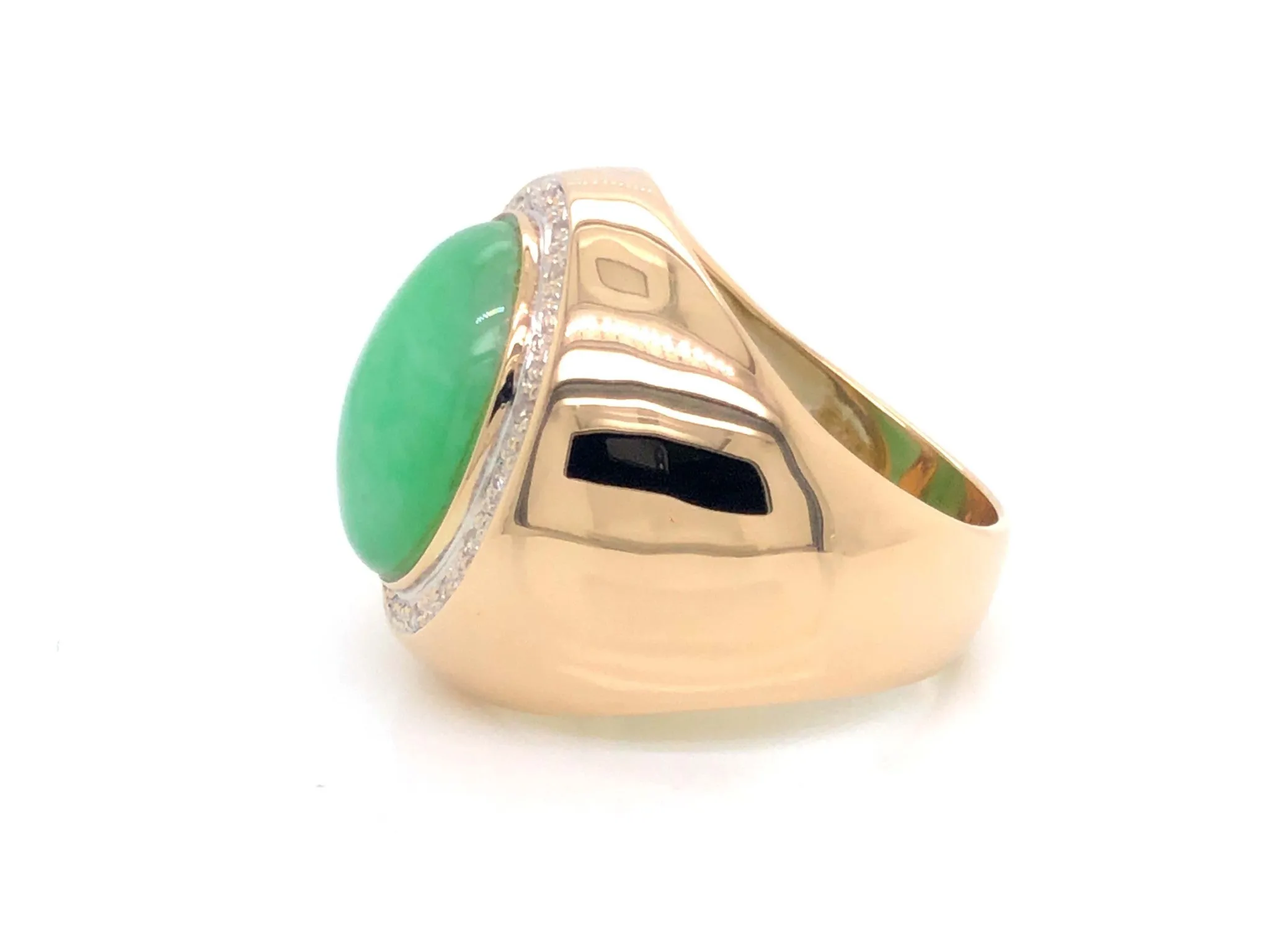 Men's Oval Light Green Jade and Diamond Halo Ring - 14k Yellow Gold