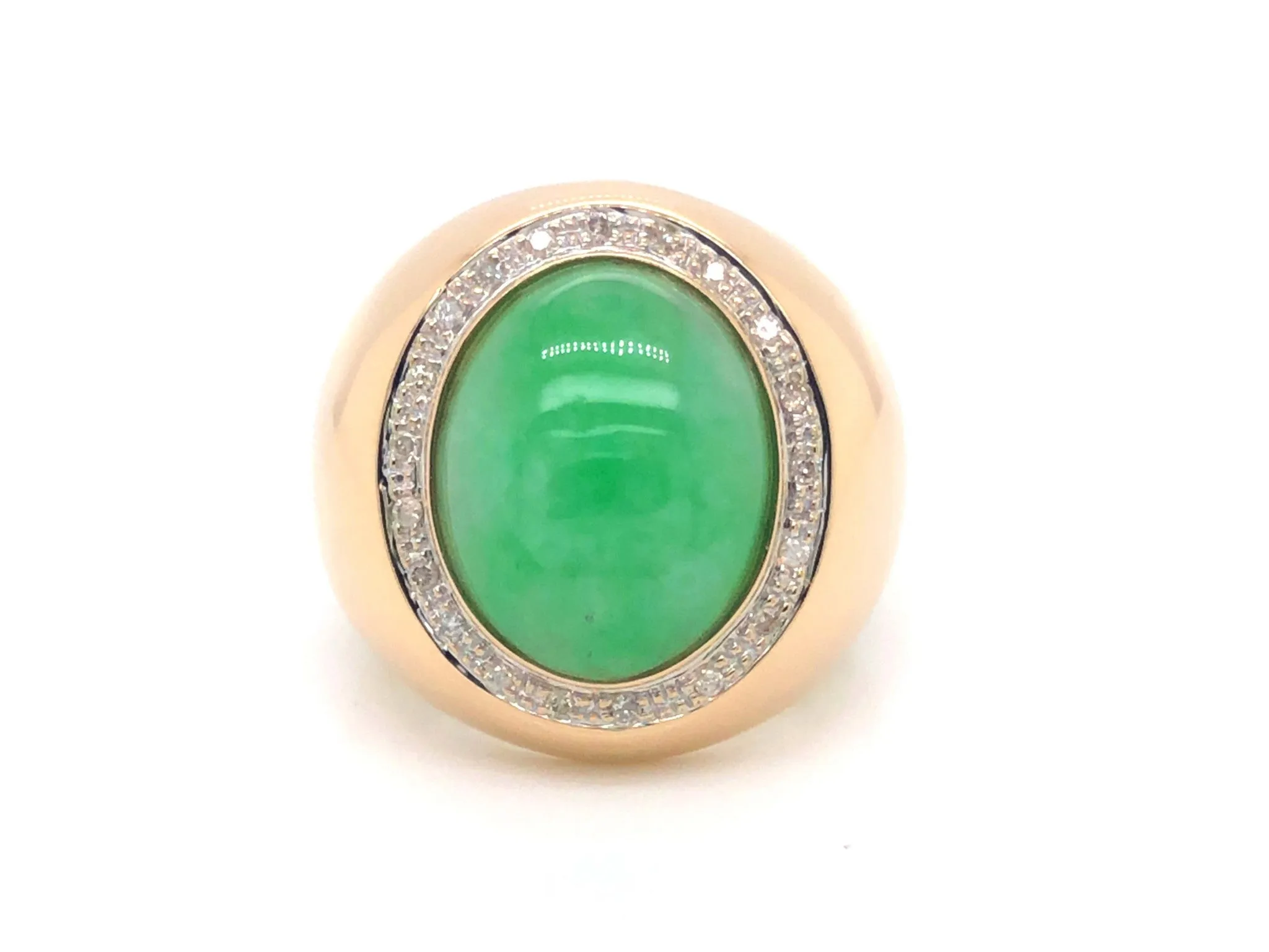 Men's Oval Light Green Jade and Diamond Halo Ring - 14k Yellow Gold