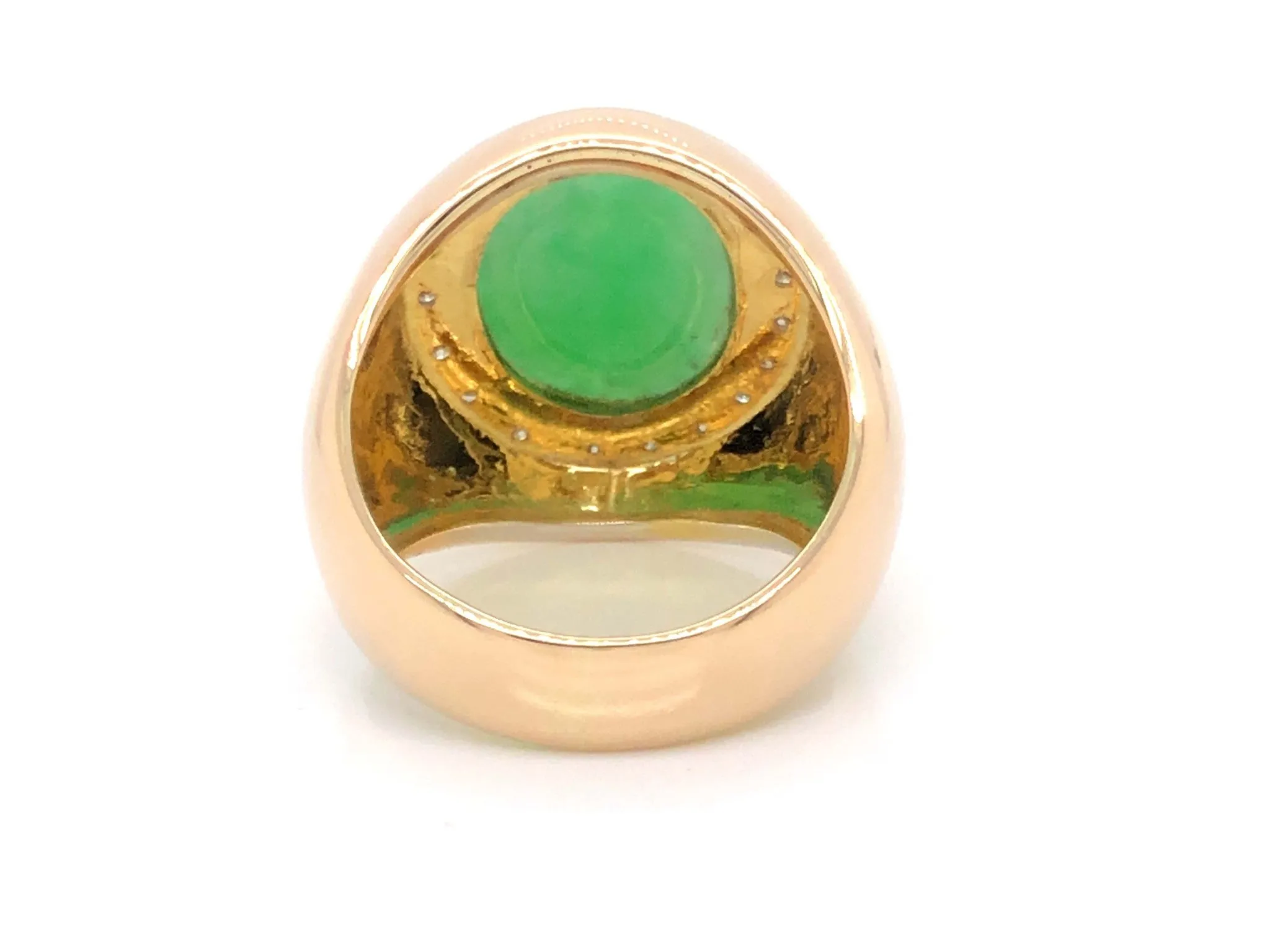 Men's Oval Light Green Jade and Diamond Halo Ring - 14k Yellow Gold