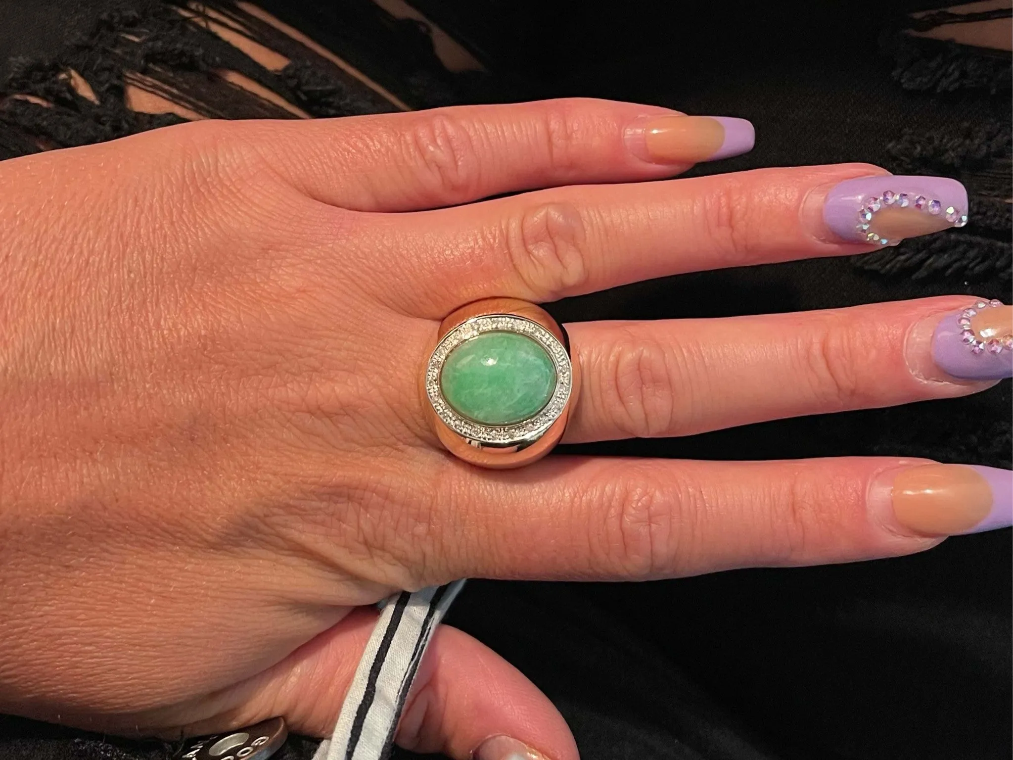 Men's Oval Light Green Jade and Diamond Halo Ring - 14k Yellow Gold