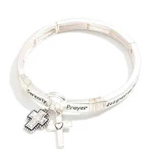 Metal Tone "Serenity Prayer" Engraved Stretch Bangle With Cross Charms