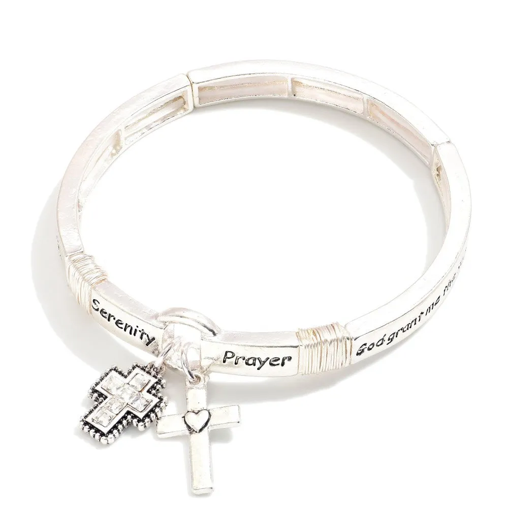 Metal Tone "Serenity Prayer" Engraved Stretch Bangle With Cross Charms