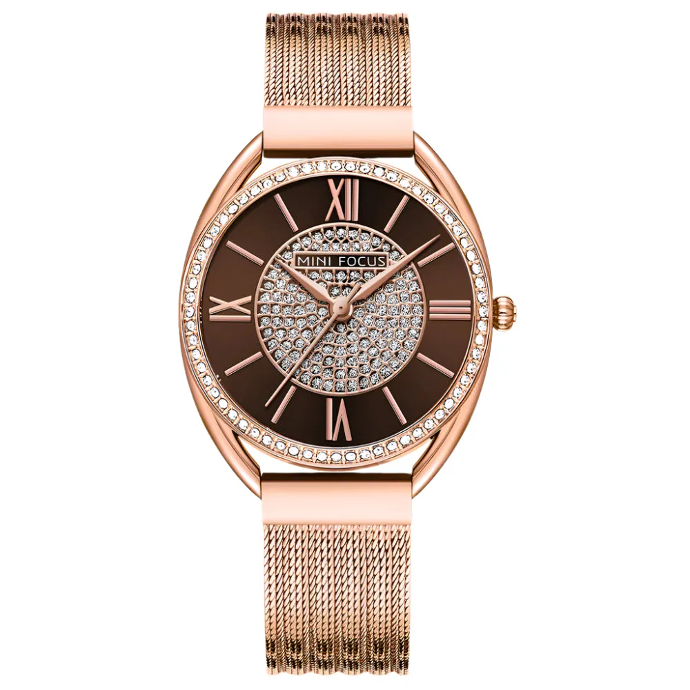 Mini Focus Rose Gold Mesh Bracelet Brown Dial Quartz Watch for Ladies - MF0425L-03