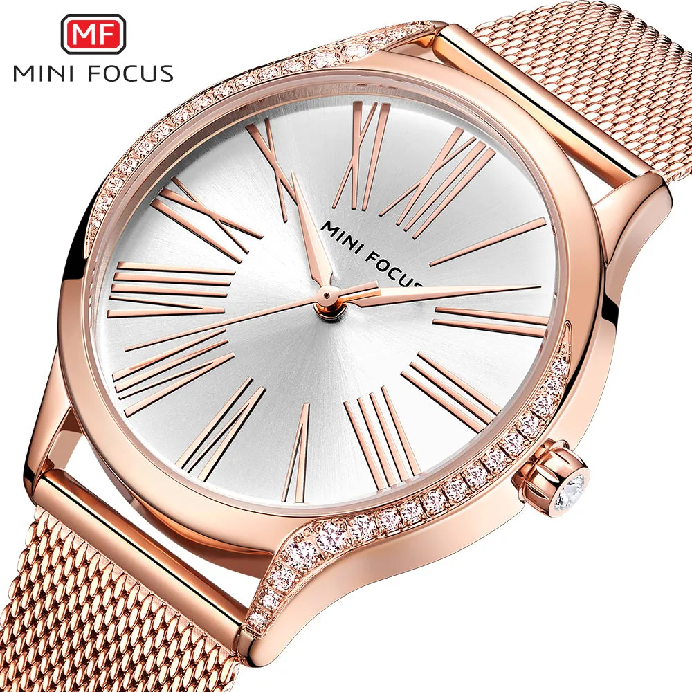 Mini Focus Rose Gold Mesh Bracelet Silver Dial Quartz Watch for Ladies - MF0259L-05