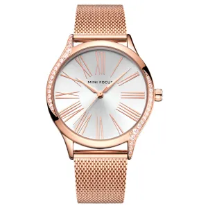Mini Focus Rose Gold Mesh Bracelet Silver Dial Quartz Watch for Ladies - MF0259L-05