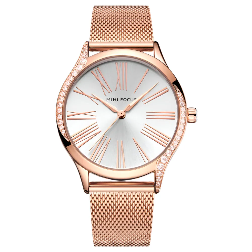 Mini Focus Rose Gold Mesh Bracelet Silver Dial Quartz Watch for Ladies - MF0259L-05