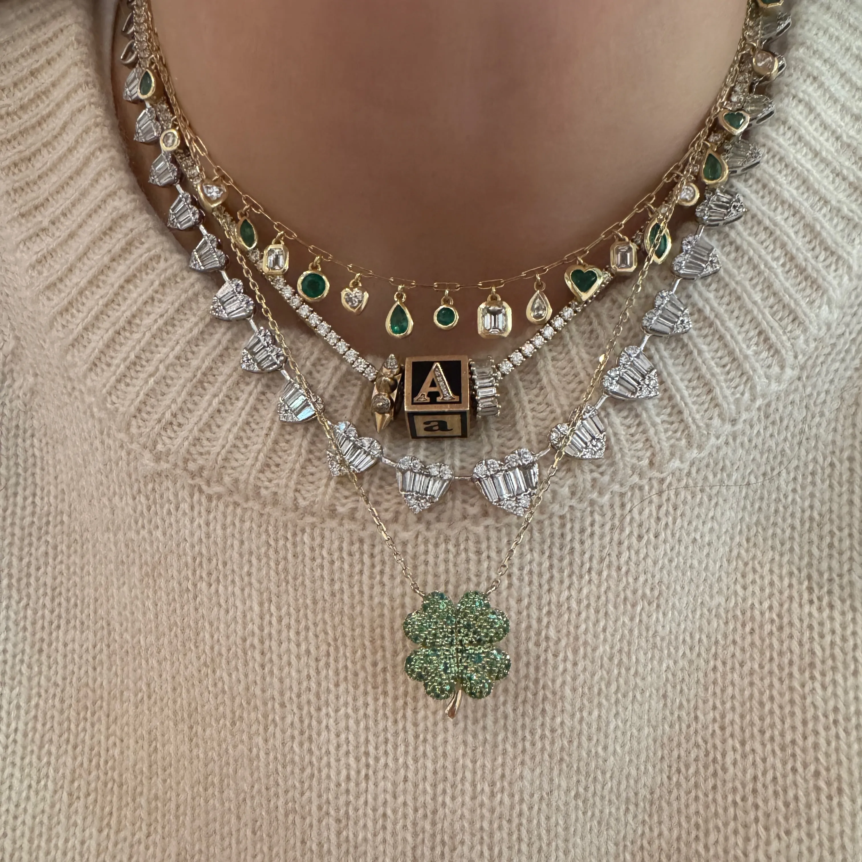 Mixed Emerald & Diamond Bezel Drop Necklace