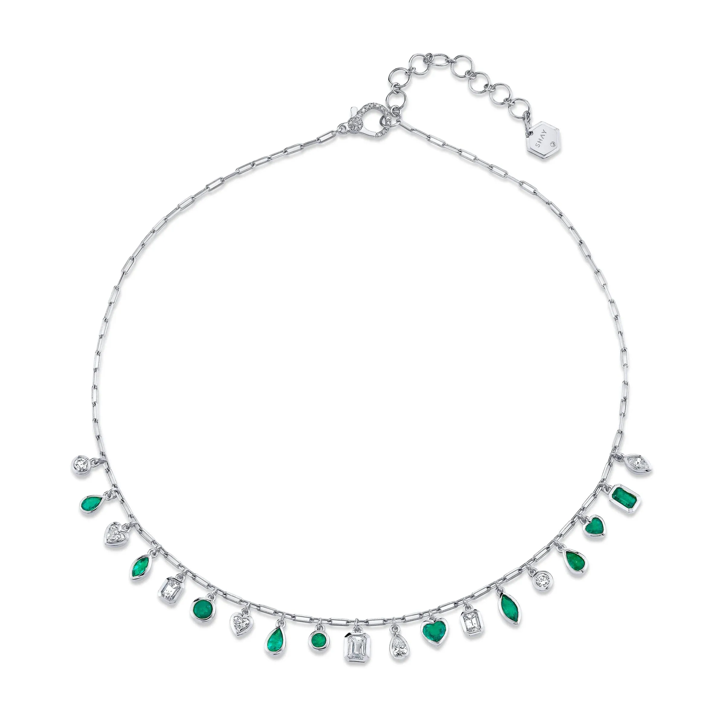 Mixed Emerald & Diamond Bezel Drop Necklace