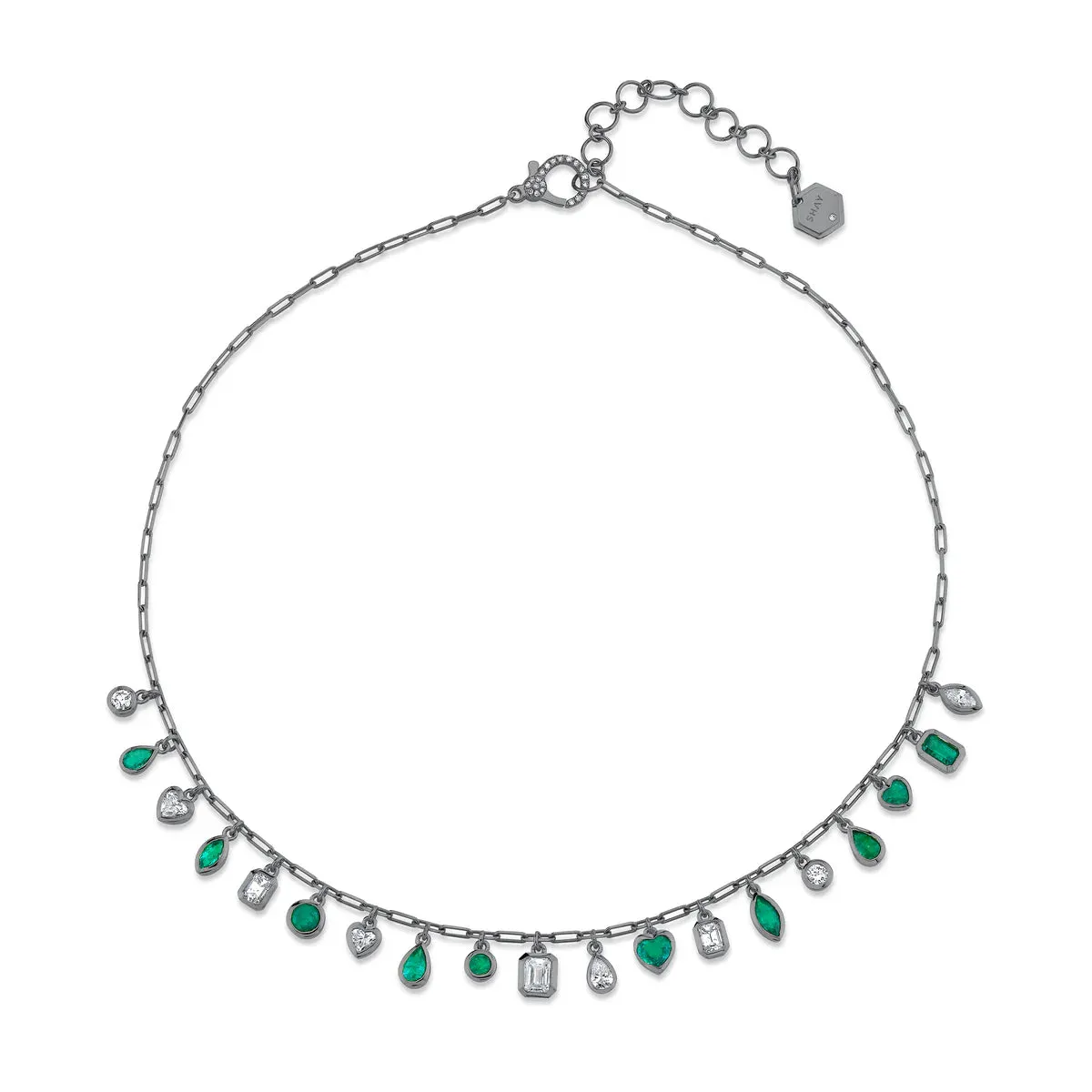 Mixed Emerald & Diamond Bezel Drop Necklace
