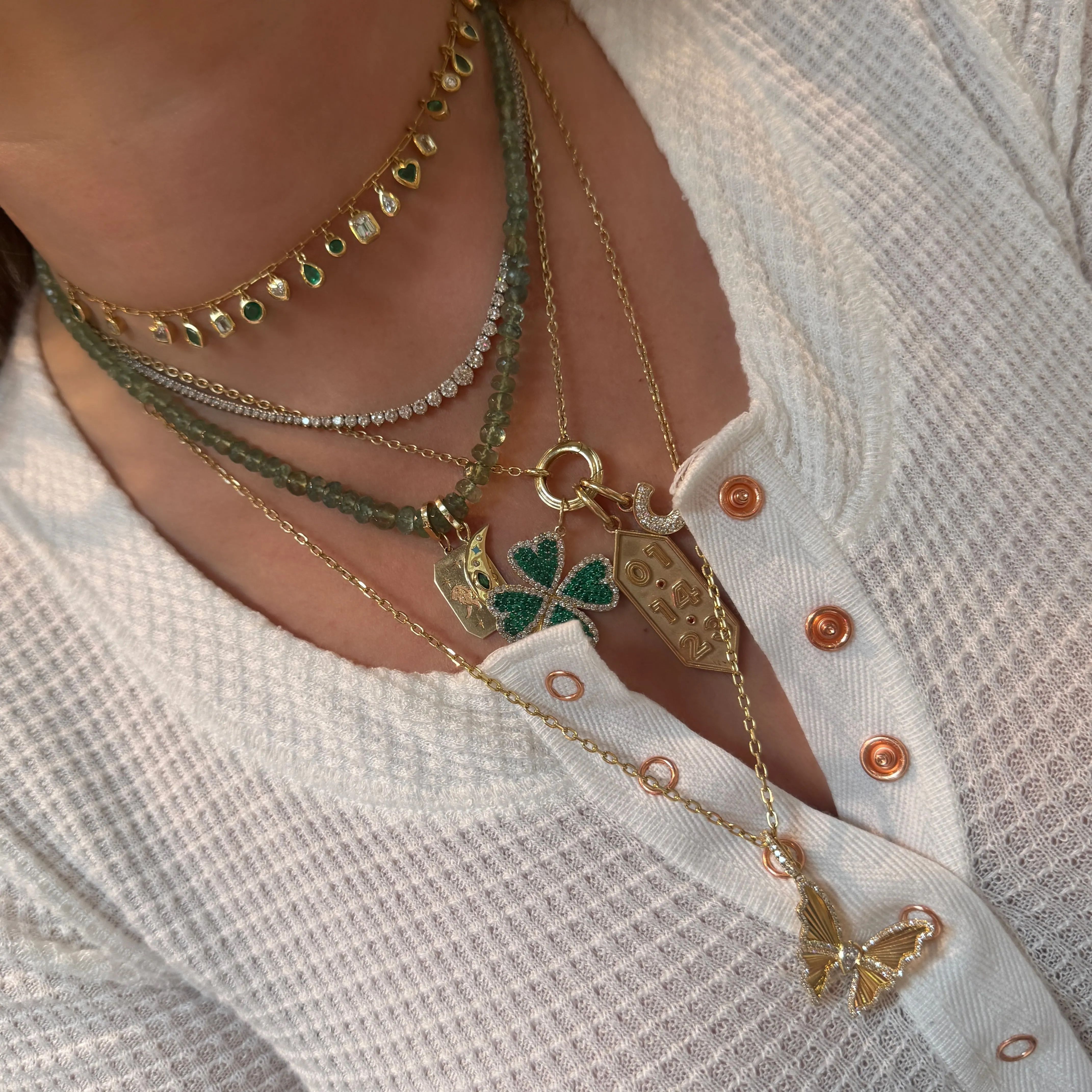 Mixed Emerald & Diamond Bezel Drop Necklace