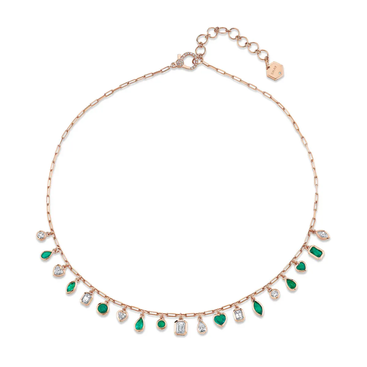 Mixed Emerald & Diamond Bezel Drop Necklace