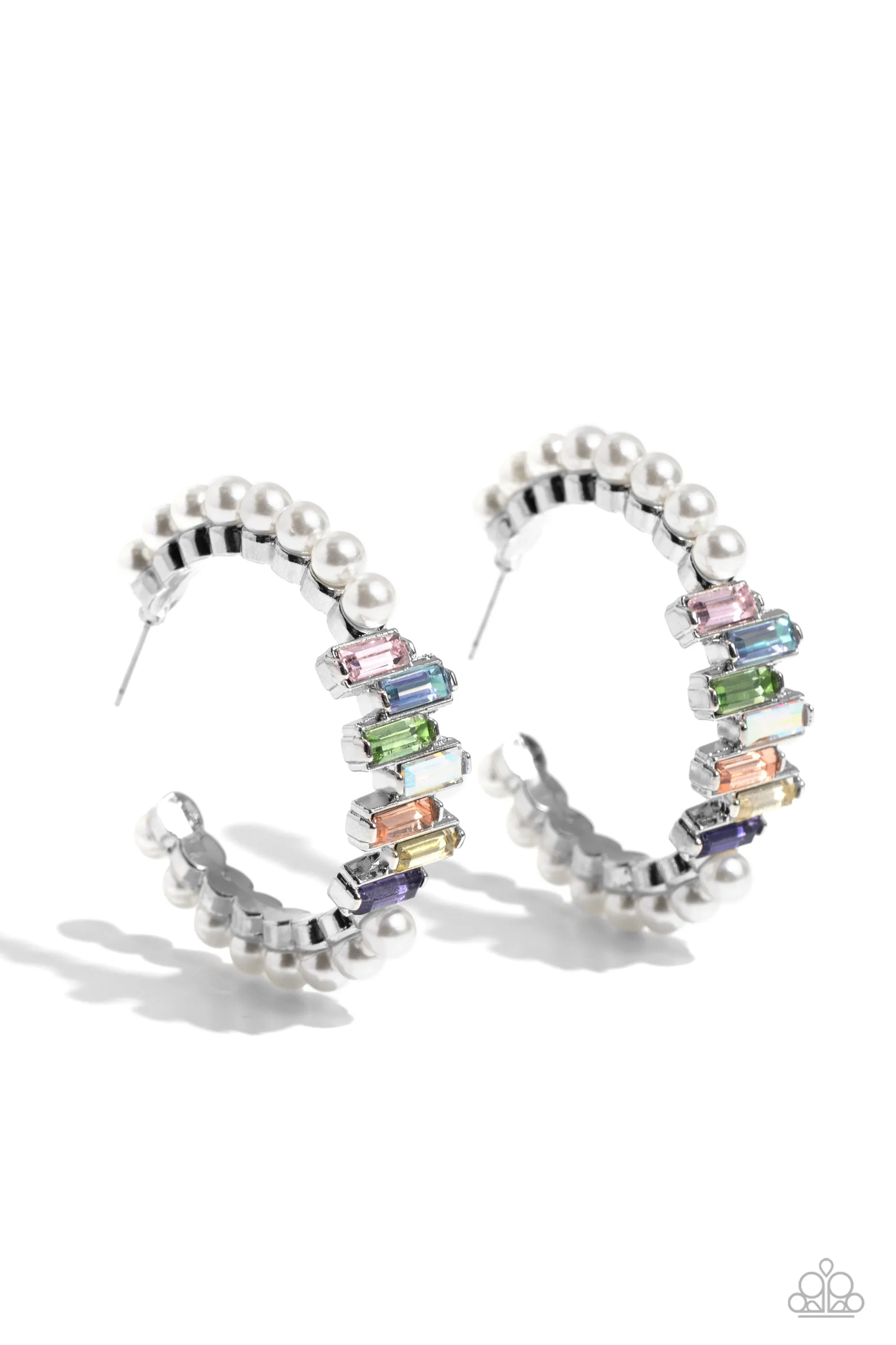 Modest Maven - Multi - Colored Iridescent Gem and White Pearl Paparazzi Hoop Earrings