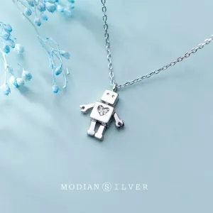 MODIAN Link Chain Necklace for Women Pure 925 Sterling Silver Dazzling Zircon Hearts Cute Robot Pendant Necklace Fine Jewelry
