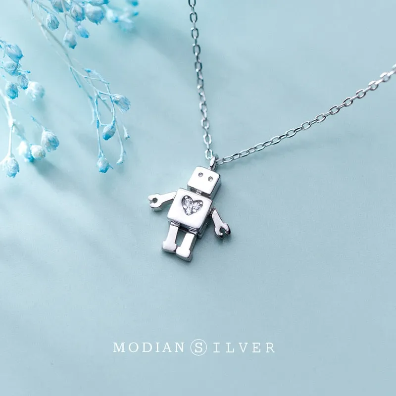 MODIAN Link Chain Necklace for Women Pure 925 Sterling Silver Dazzling Zircon Hearts Cute Robot Pendant Necklace Fine Jewelry