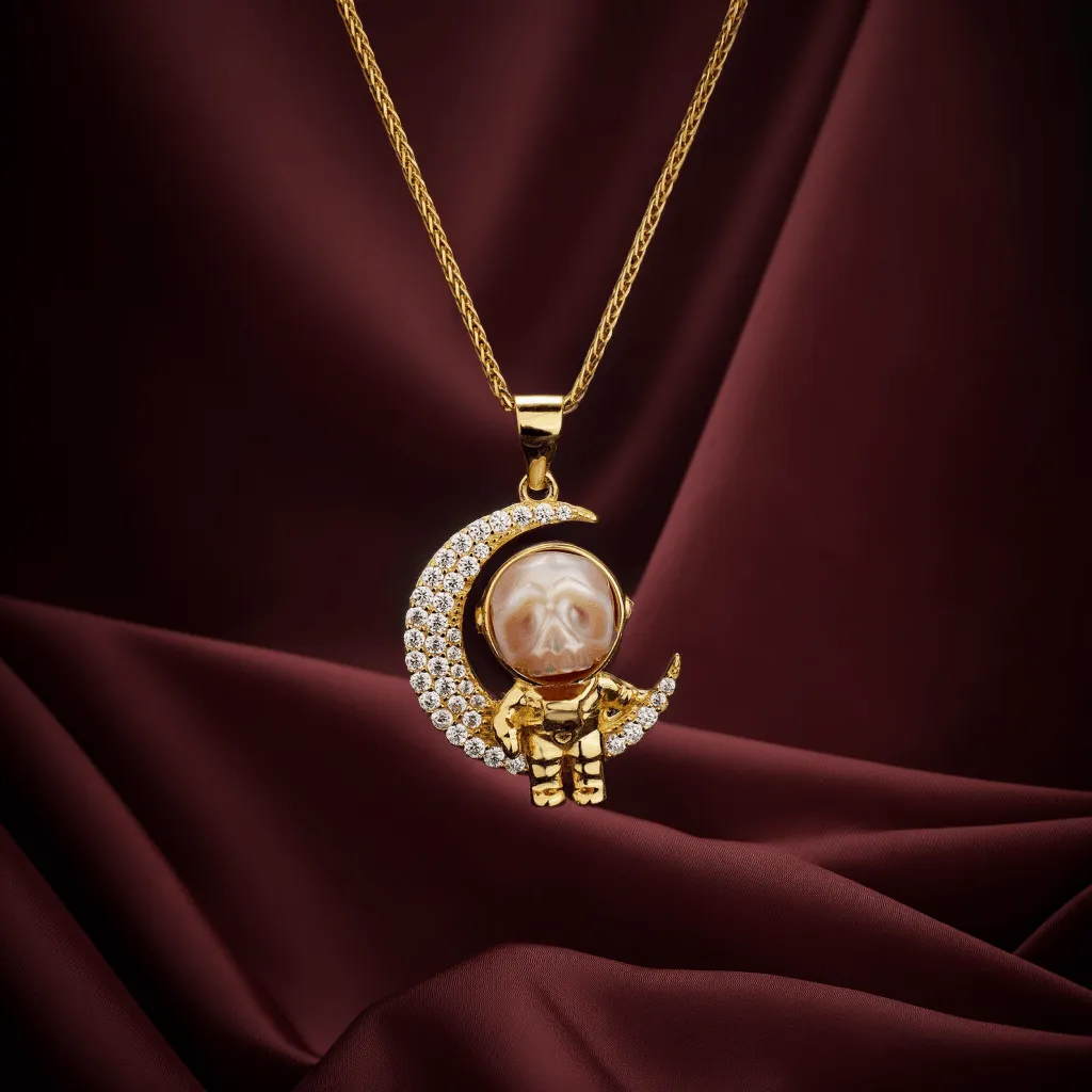 Moon Astronaut Spaceman Cranium Pearl Necklace