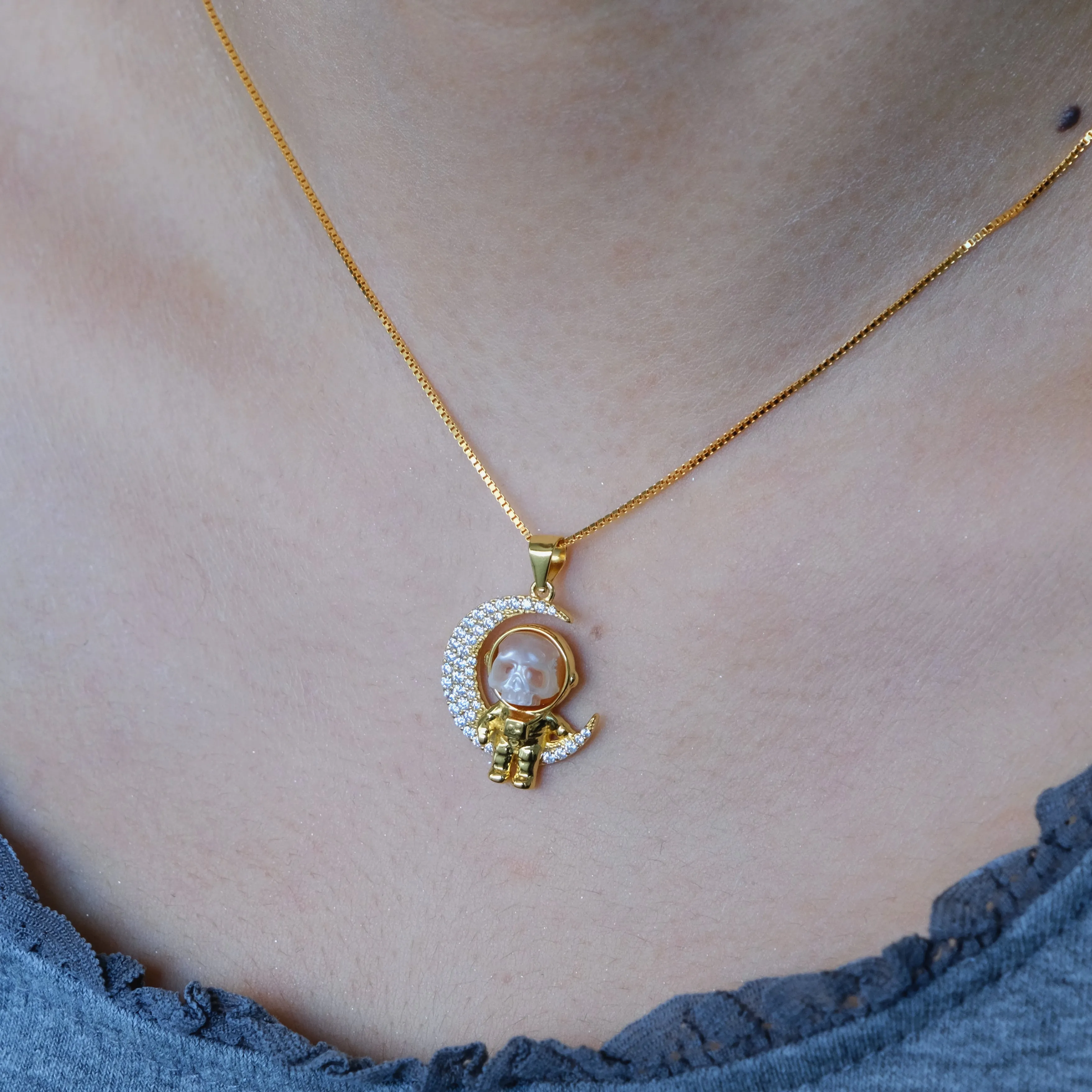 Moon Astronaut Spaceman Cranium Pearl Necklace