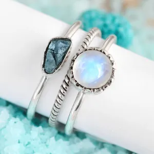 Moonstone and Aquamarine Ring Stacking Set Sterling Silver