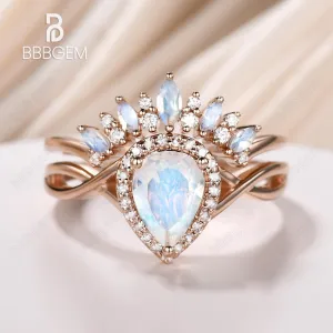 Moonstone Bridal Set Unique Moonstone Band Marquise Pear shaped Bridal set